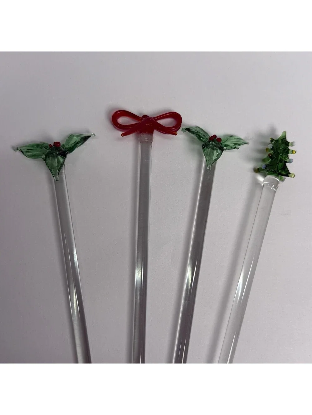 Lillian Vernon Swizzle Sticks Christmas Glass Drink Stirrers Green Red Vintage